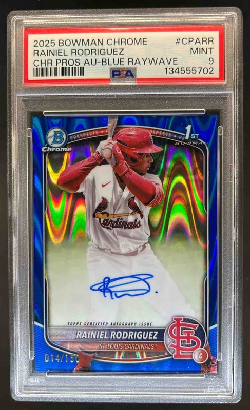 2025 Bowman Chrome Rainiel Rodriguez Auto Blue RayWave Refractor 1st #/150 PSA 9