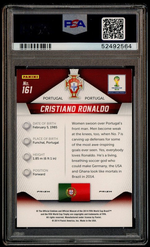 2014 Panini Yellow Red Pulsar Prizm World Cup Soccer Cristiano Ronaldo PSA 9 view 2