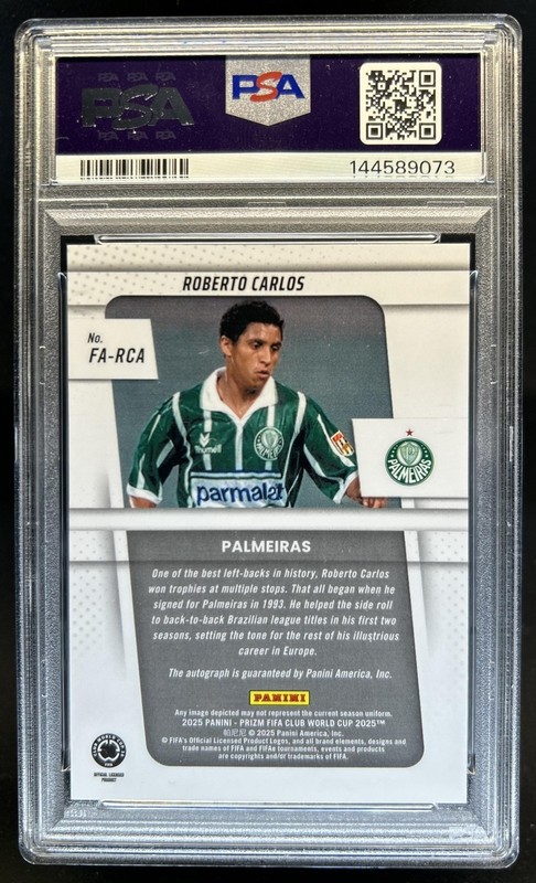 2025 Panini Prizm FIFA Club World Cup Roberto Carlos Flashback Auto #26 PSA 10 view 2