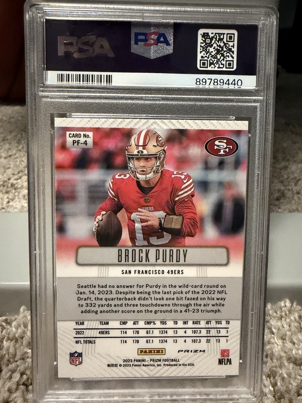 2023 Prizm Football Brock Purdy Silver Flashback PSA 10 view 2
