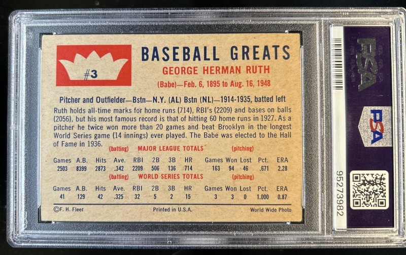 1960 Fleer Baseball Greats Babe Ruth #3 Giants PSA 3 view 2
