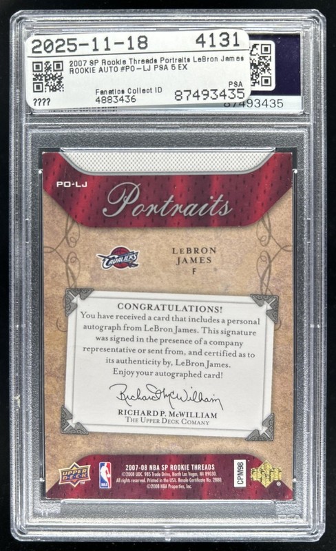2007-08 SP Rookie Threads LeBron James Portraits Auto #PO-LJ Cavaliers PSA 5 view 2