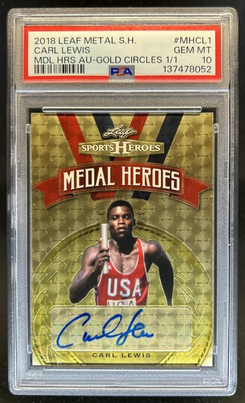 2018 Leaf Metal Sports Heroes Carl Lewis Medal Auto Gold Circles #1/1 PSA 10