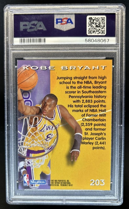 1996-97 Skybox Premium Kobe Bryant Rookie RC #203 Lakers PSA 9 view 2