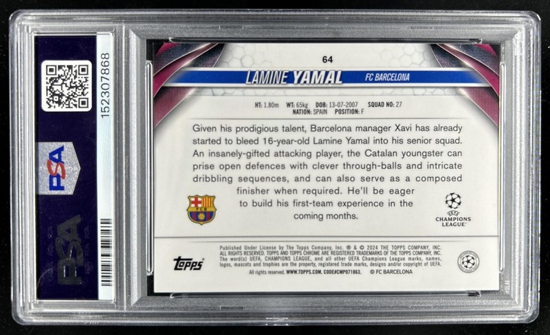 2023-24 Topps Chrome UCC Lamine Yamal Hero Variation Rookie RC #64 PSA 9 Mint view 2
