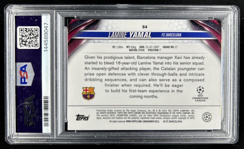 2023-24 Topps Chrome UEFA Lamine Yamal RC Prism Refractor #64 Barcelona PSA 10 view 2
