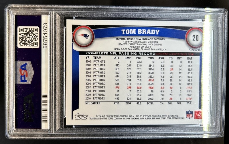 2011 Topps Chrome Tom Brady Orange Refractor #20 Patriots PSA 10 GEM MINT view 2