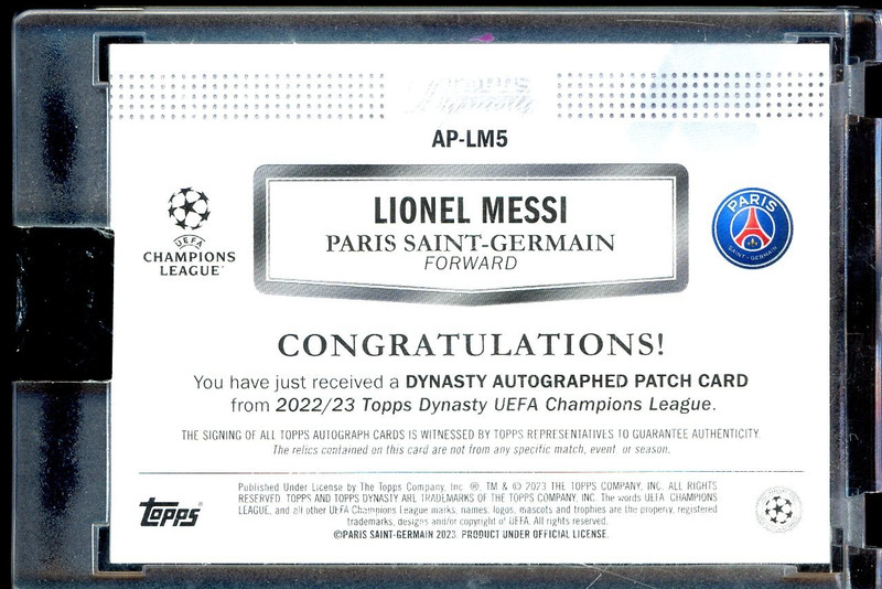 2022-23 Topps Dynasty Soccer Black Lionel Messi Match-Worn Patch ON CARD AUTO /5 view 2