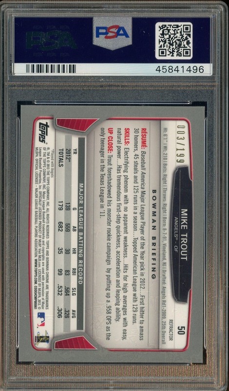 2013 Bowman Chrome Purple Refractor #50 Mike Trout Angels 3/199 PSA 10 GEM MINT view 2