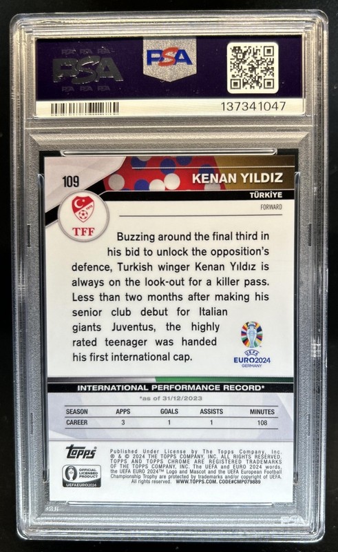 2024-25 Topps Chrome Sapphire Euro Kenan Yildiz Varation SP Gold #/50 PSA 10 view 2