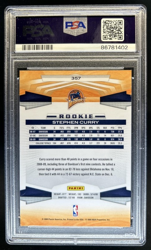 2009-10 Panini Stephen Curry Rookie RC #357 Warriors PSA 8 view 2