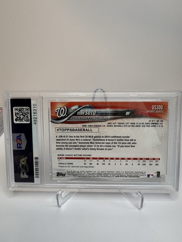 2018 Topps Update Series - Juan Soto #US300 Vertical, Blue Jersey (RC) PSA 9 view 2
