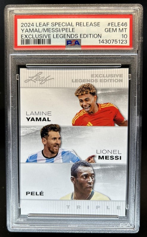 2024 Leaf Exclusive Legends Lamine Yamal Lionel Messi Pele #ELE-46 PSA 10