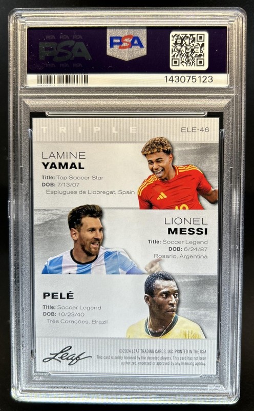 2024 Leaf Exclusive Legends Lamine Yamal Lionel Messi Pele #ELE-46 PSA 10 view 2