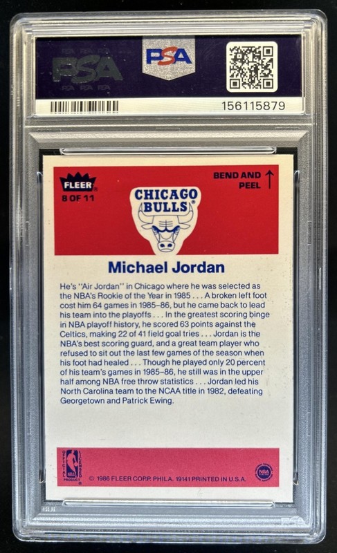 1986-87 Fleer Michael Jordan Stickers Rookie RC #8 Bulls PSA 8 view 2