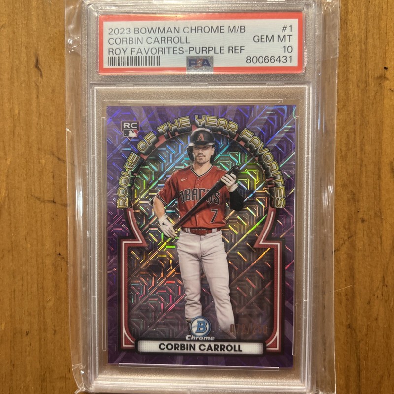 2023 Bowman Chrome Corbin Carroll Roy Favorites Purple Refractor RC /250 PSA 10