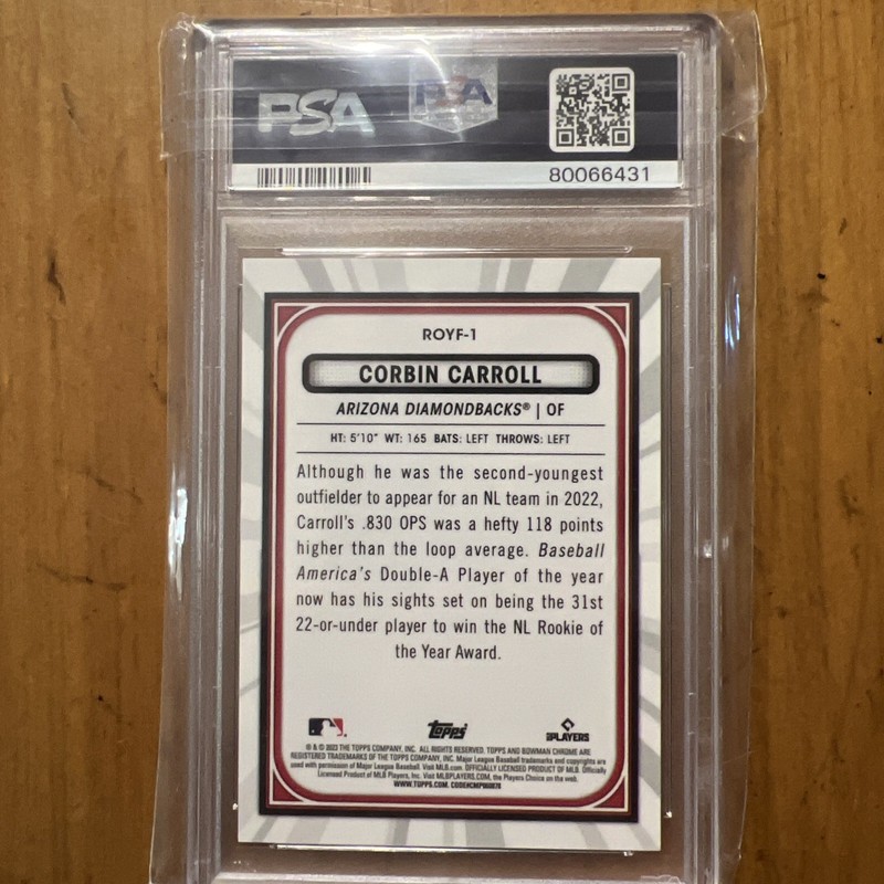 2023 Bowman Chrome Corbin Carroll Roy Favorites Purple Refractor RC /250 PSA 10 view 2