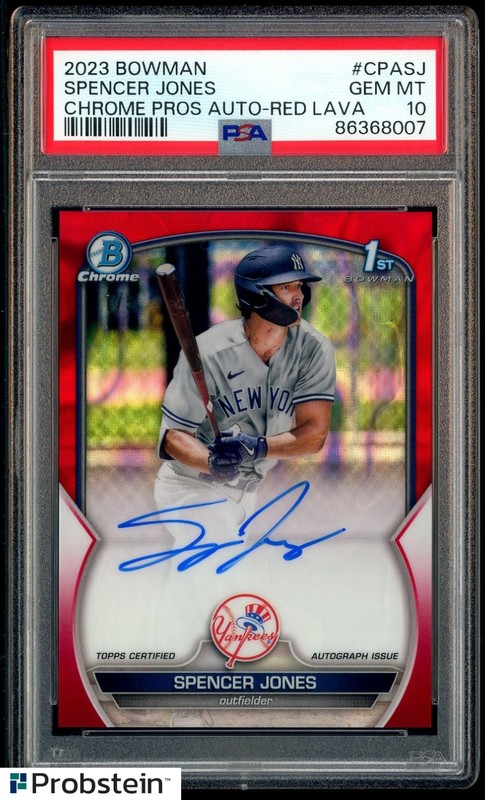 2023 Bowman Chrome Red Lava Refractor Spencer Jones RC Rookie AUTO 1/5 PSA 10