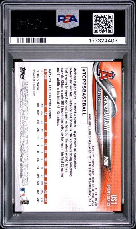 2018 Topps Update Series - Shohei Ohtani #US1 Pitching, Red Jersey (RC) PSA 9 view 2