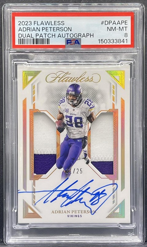 2023 Panini Flawless Adrian Peterson Dual Patch On-Card Autograph AUTO /25 PSA 8