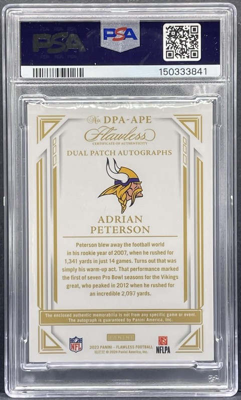 2023 Panini Flawless Adrian Peterson Dual Patch On-Card Autograph AUTO /25 PSA 8 view 2
