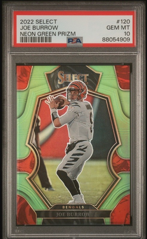 2022 Panini Select - Premier Level Joe Burrow #120 Neon Green Prizm /49 PSA 10