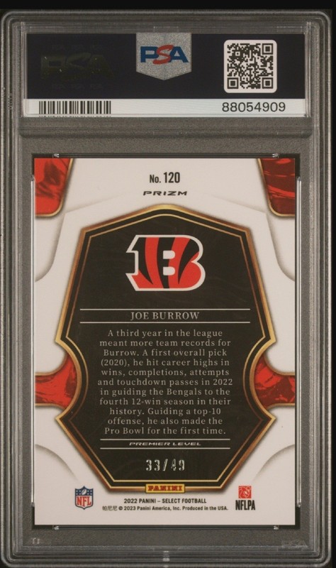 2022 Panini Select - Premier Level Joe Burrow #120 Neon Green Prizm /49 PSA 10 view 2