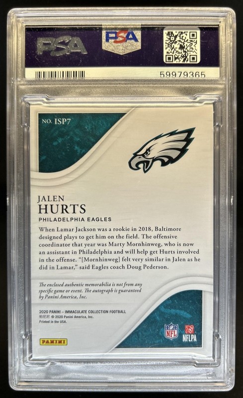 2020 Immaculate Jalen Hurts Signature Patches Rookie Auto RC #/99 PSA 10 view 2