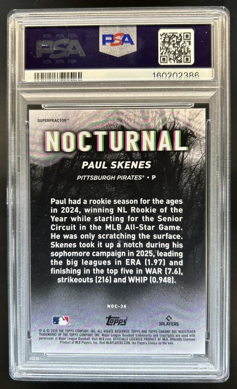 2026 Topps Chrome Black Paul Skenes Nocturnal SuperFractor #1/1 Pirates PSA 10 view 2