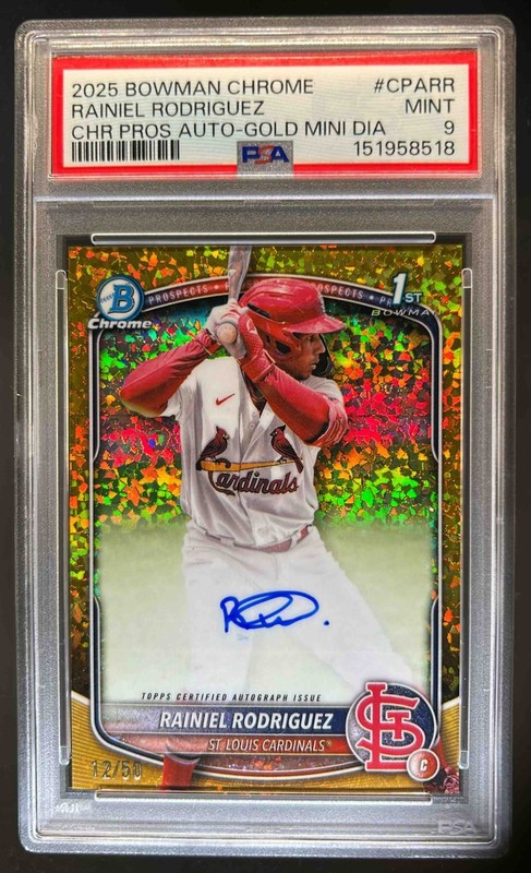 2025 Bowman Chrome Rainiel Rodriguez Auto Gold Mini Diamond Refractor #/50 PSA 9