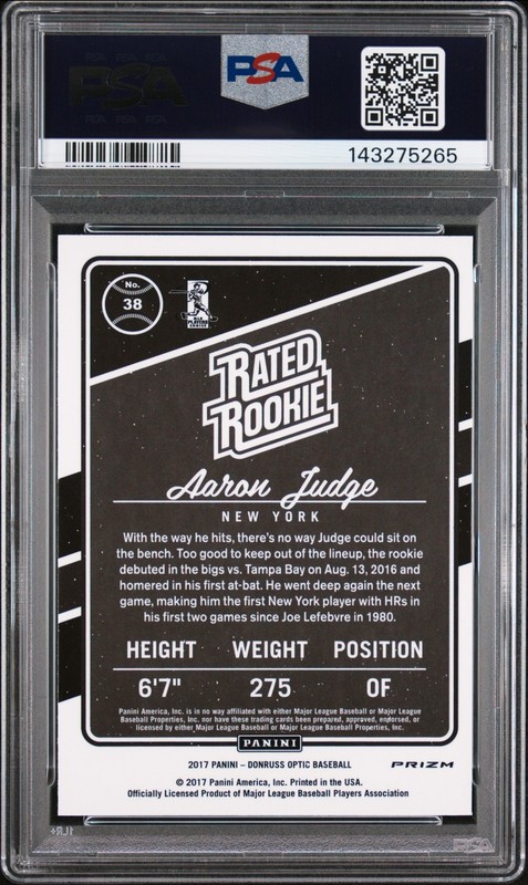 AARON JUDGE 2017 OPTIC HOLO PRIZM ROOKIE RC #38 PSA 10 GEM MINT! NY SN#143275265 view 2