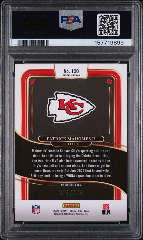 2024 Select Patrick Mahomes II #120 Premier Blue Prizm /175 Chiefs PSA 9 view 2