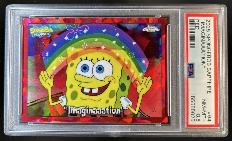2025 Topps Chrome SpongeBob Sapphire Imaginaaation Red Refractor #/5 PSA 8.5
