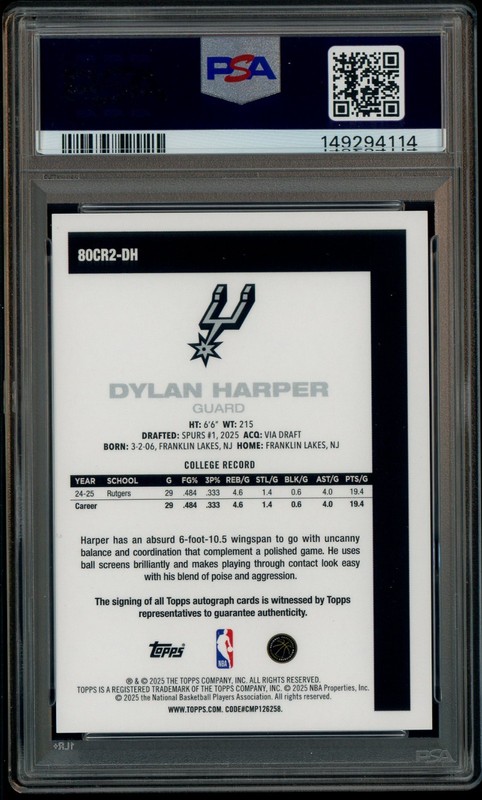 2025-26 Topps Chrome 1980 Topps Silver Pack Dylan Harper RC Rookie AUTO PSA 10 view 2