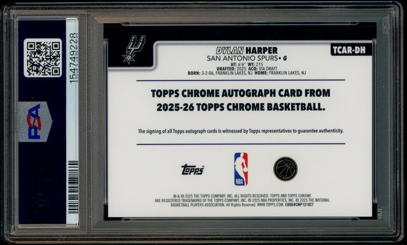 2025-26 Topps Chrome Dylan Harper Spurs RC Rookie AUTO PSA 10 GEM MINT view 2