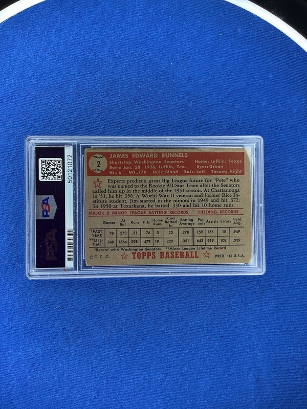1952 Topps #2 James E. Runnels PSA 3 view 2