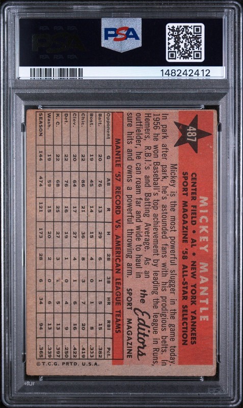 1958 Topps Mickey Mantle All Star PSA 3 #487 GREAT EYE APPEAL! Yankees HOF view 2