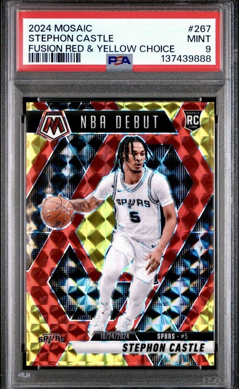 2024 Panini Mosaic STEPHON CASTLE RC #267 Red Yellow Prizm SP /75 PSA 9 SPURS 🔥 view 2