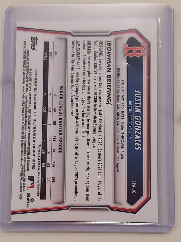 2026 BOWMAN BASEBALL CHROME RC AUTO JUSTIN GONZALES AUTOGRAPH RED SOX J.G.P. view 2