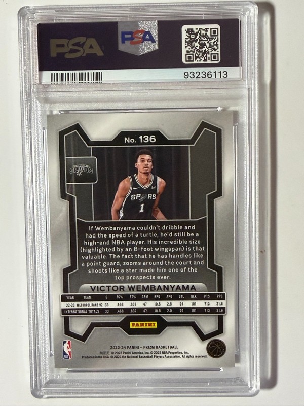 2023 PANINI PRIZM ROOKIE 136 PSA 10 GEM MINT VICTOR WEMBANYAMA SAN ANTONIO SPURS view 2
