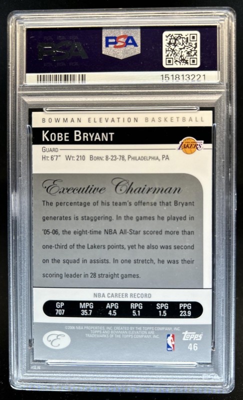 2006-07 Bowman Elevation Kobe Bryant #46 Lakers PSA 9 view 2