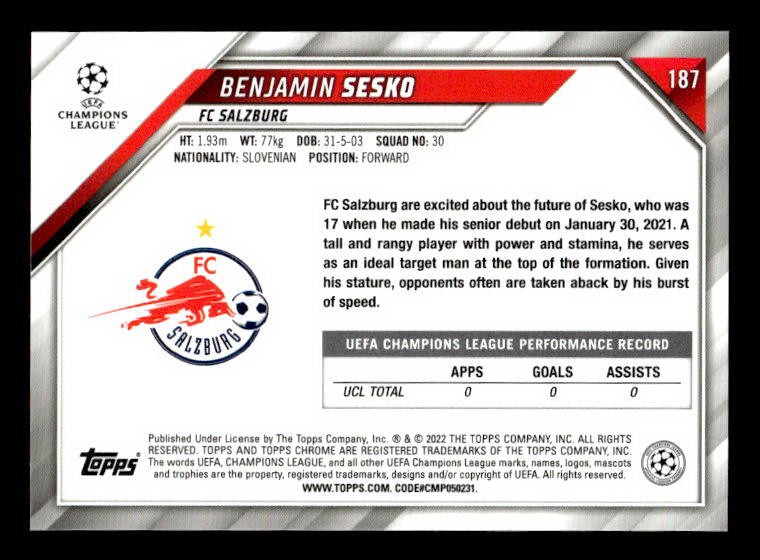 2021-22 Topps Chrome Benjamin Sesko SSP RC (~/28) Red & Gold Starball #187 view 2