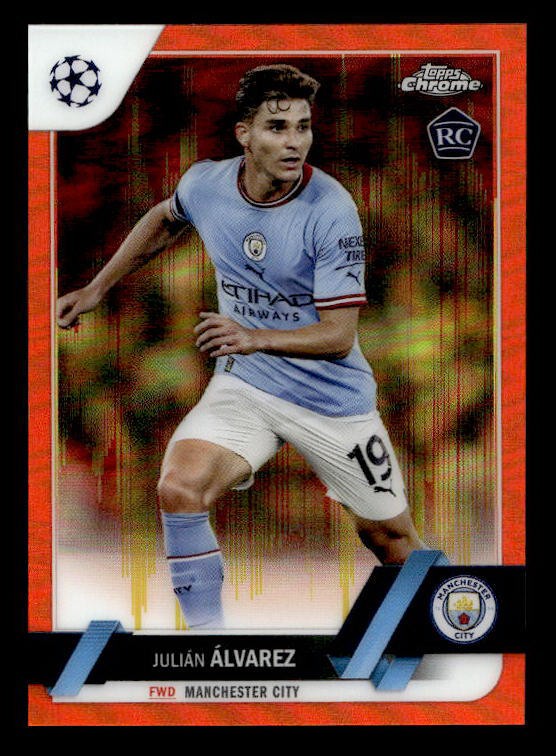 2022-23 Topps Chrome Julian Alvarez SSP RC (~/30) Orange & Gold Seismic #68