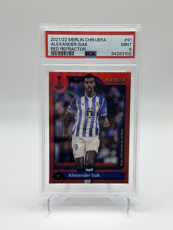 2021-22 Topps Merlin Alexander Isak /10 Red #91 PSA 9 Sweden Sociedad view 1