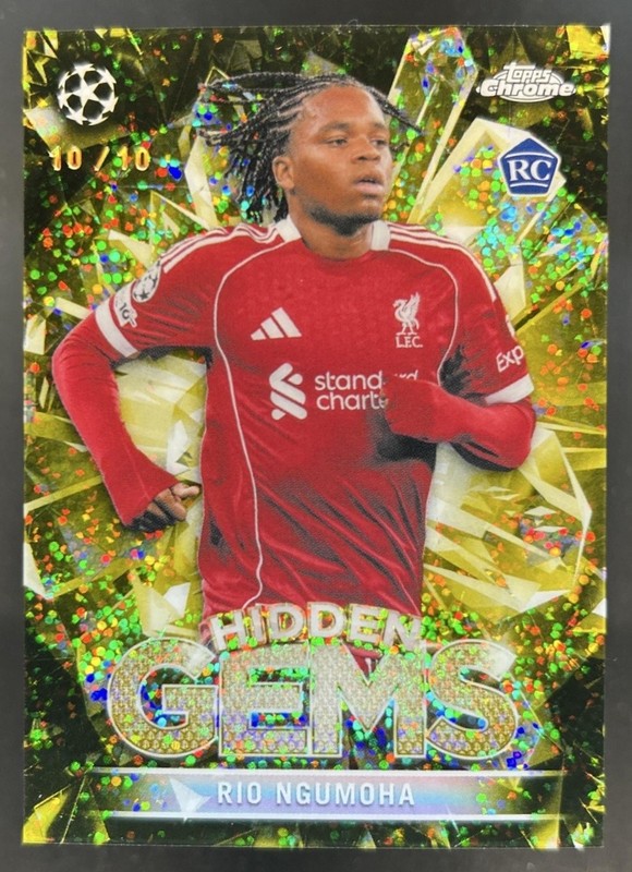 2026 Topps Chrome UEFA  Rio Ngumoha Hidden Gems Gold Rookie RC #10/10 Liverpool
