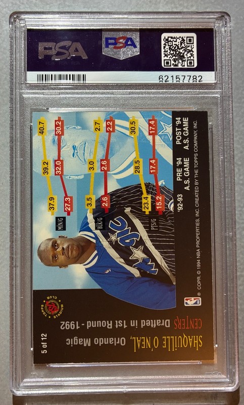 1994 STADIUM CLUB RISING STARS #5 SHAQUILLE O'NEAL PSA 8 view 2