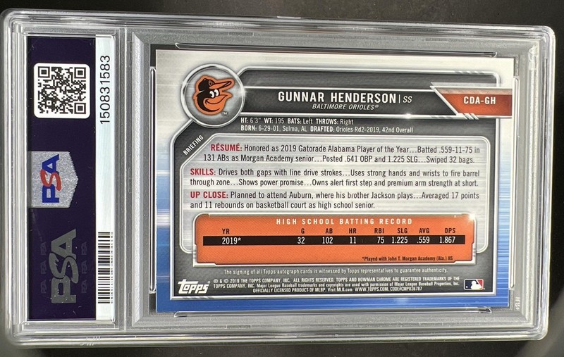 2019 Bowman Draft Gunnar Henderson Chrome Auto Blue Refractor 1st #/150 PSA 10 view 2