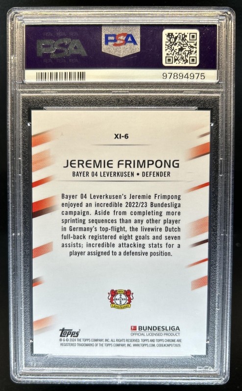 2023-24 Topps Chrome Bundesliga Jeremie Frimpong Top XI SuperFractor #1/1 PSA 10 view 2