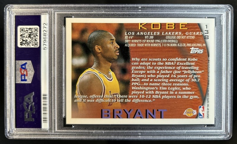 1996-97 Topps Kobe Bryant Rookie RC #138 Lakers PSA 9 view 2