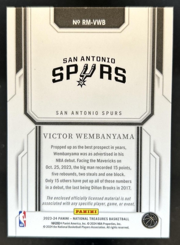 2023-24 National Treasures Victor Wembanyama Rookie Materials RC Jersey #/99 view 2